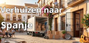 Witte verhuiswagen met verhuisdozen in een zonnig Spaans dorp, ter illustratie van zorgeloos verhuizen naar Spanje.